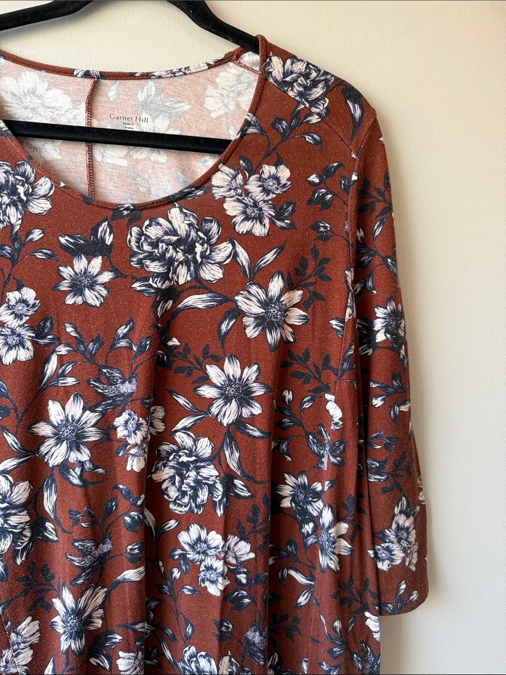 Garnet Hill Floral Scoop Neck Dress with Navy and White Blooms L Tencel